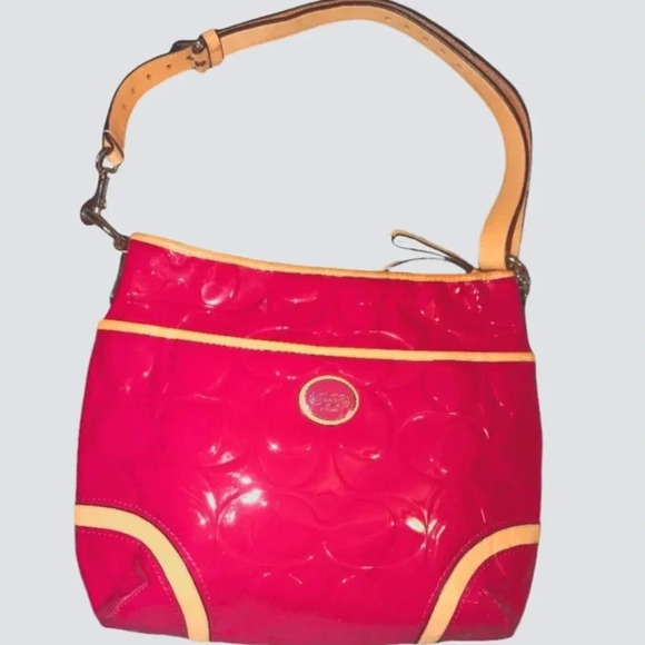 Coach Peyton Embossed Patent Convertible Hobo In Crimson Pink And Tan - Picture 1 of 12